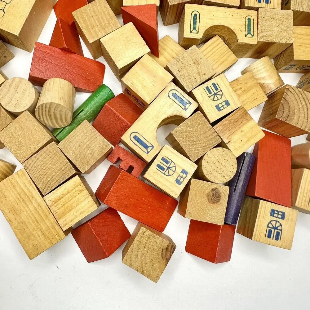 Vintage Building Blocks For Kids Town‎ Set 90 Pcs. Rounds, Rectangles, Triangles